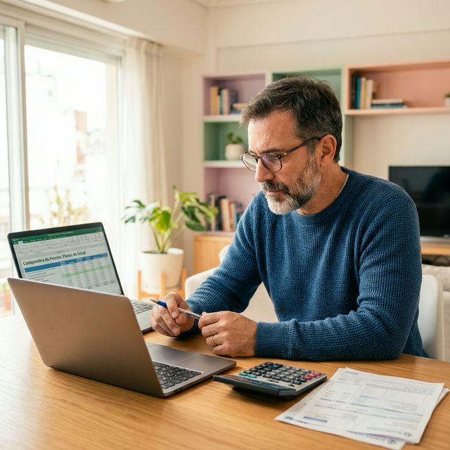 Persona comparando precios de prepagas en una tabla con calculadora