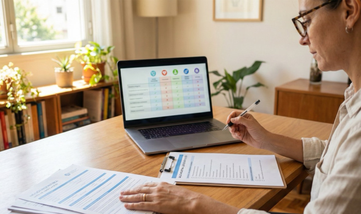 Persona analizando opciones de prepaga con checklist