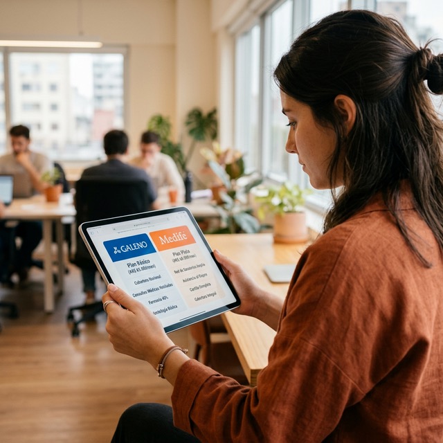 Persona comparando opciones de prepaga en una tablet en un espacio de trabajo moderno
