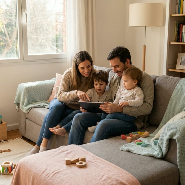Familia argentina revisando planes de prepaga juntos en el living